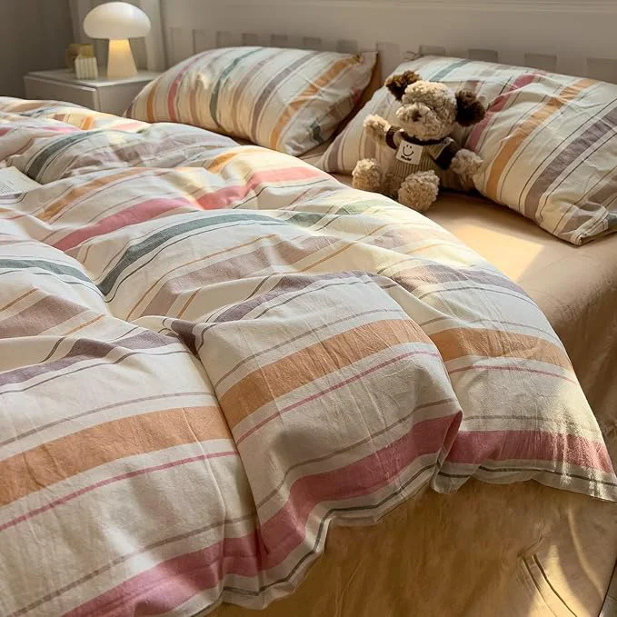 Green MKXI Washed Cotton Duvet Cover Set Retro Stripes in Autumn Palette 3-Piece High-End