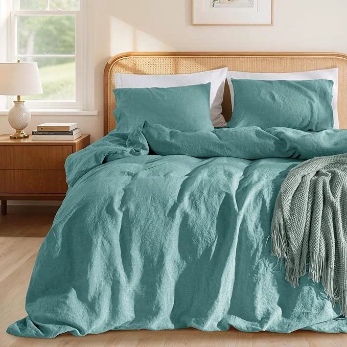 Innovative LBRO2M France Linen Duvet Cover Set Queen Size 3 Pcs Natural Flax Reusable