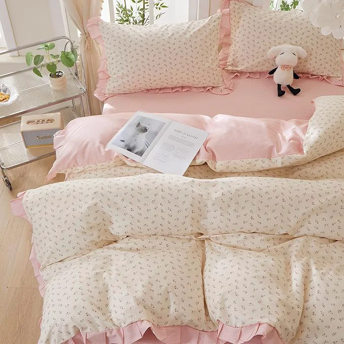 Top-Quality mixinni Pink Floral Duvet Cover Set Twin XL Size – Cotton Ruffle Lace Easy-to-Use
