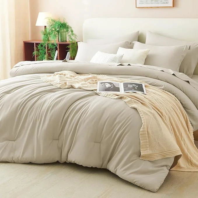 Exceptional CozyLux Queen Comforter Set Oatmeal 7 Pieces Bed in a Bag Queen Comforter Set Elite