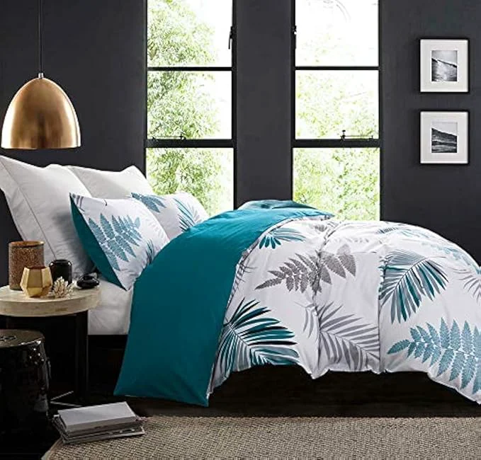 Enhanced Duvet Cover Set 600 Thread Count Cotton White Leaf Floral Pattern Print Reusable