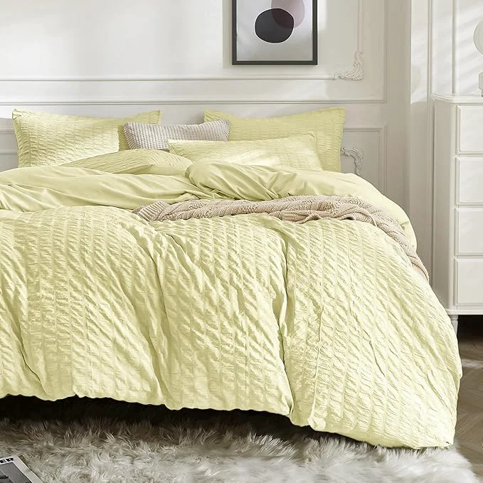 Organic JELLYMONI Light Yellow Duvet Cover Twin Size Soft Breathable Seersucker Duvet Fine