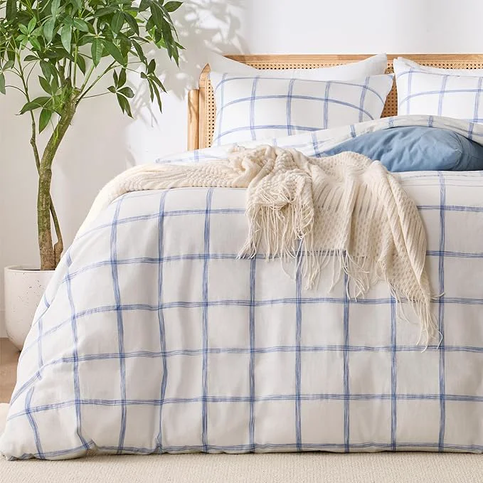 Reusable Blue Plaid Duvet Cover King Soft Washed Cotton King Size Duvet Cover Set Smart