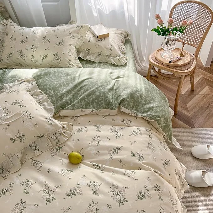 Easy-to-Use MKXI Botanical Floral Duvet Cover Twin XL Beige Girls Floral Ruffled Bedding Effective