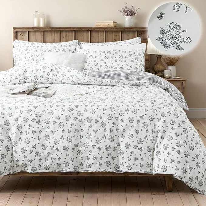 Comfortable FADFAY Twin Size Duvet Cover Set Cotton Grey White Floral Comforter Cover Convenient