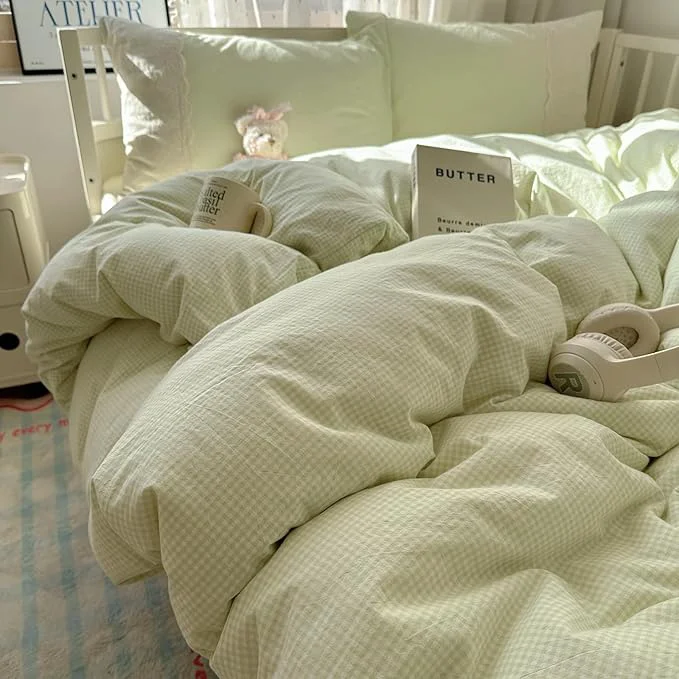 Premium MKXI Mint Green Gingham Duvet Cover Set Twin XL Minimalist