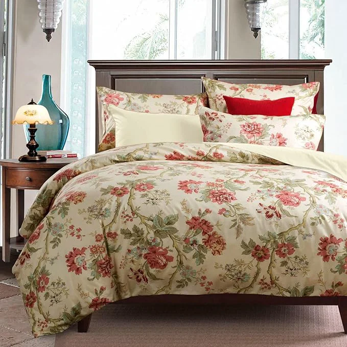 User-Friendly mixinni Garden Style 3 Pieces Red Flower Leaf Pattern Duvet Cover Set Queen Exclusive