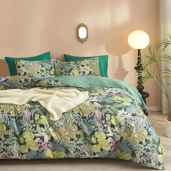 User-Friendly mixinni Tropical Multicolored Leaves Print Duvet Cover 2 Pillowcases Botanical Casual