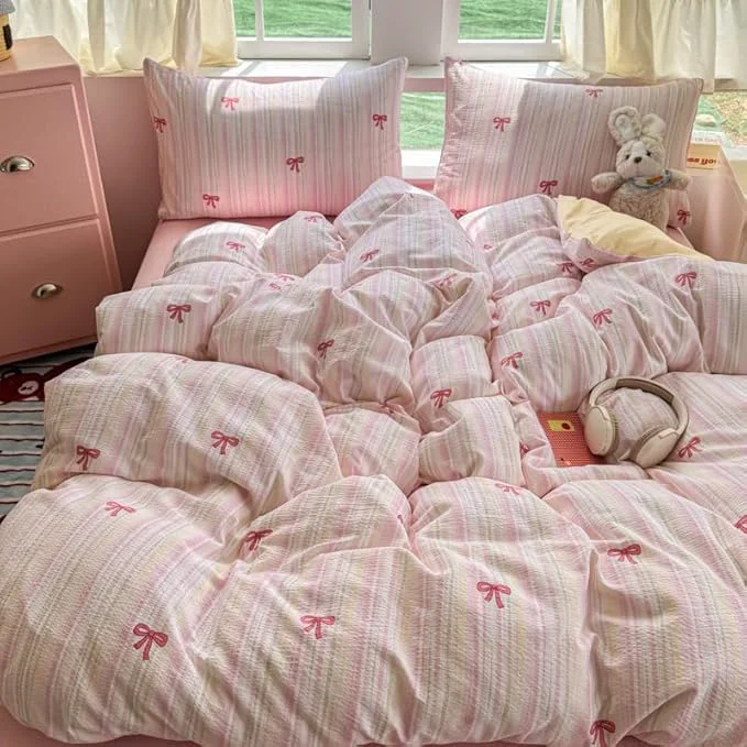 Breathable BOLINLIVING Pink Bow Duvet Cover Queen Size Girls Cute Striped Bowknot Yellow High-Quality