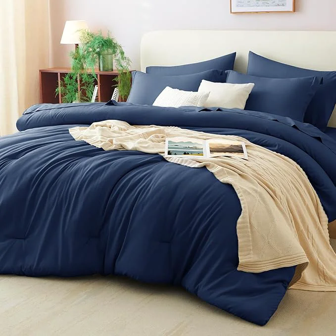 Optimized CozyLux Oversized Queen Comforter Set Navy Blue 7 Pieces Bed in a Bag Official