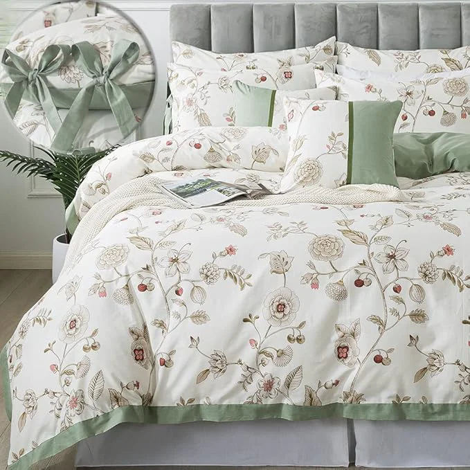 Comfortable FADFAY Floral Bedding Set Queen Cotton Shabby and Chic Beige Green Exclusive
