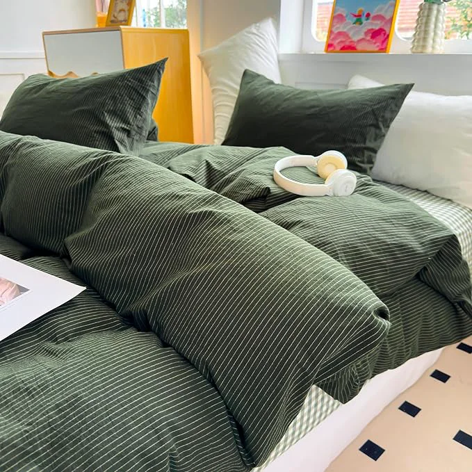 Trusted PinkMemory Green Striped Duvet Cover King Washed Cotton Olive Green Fine