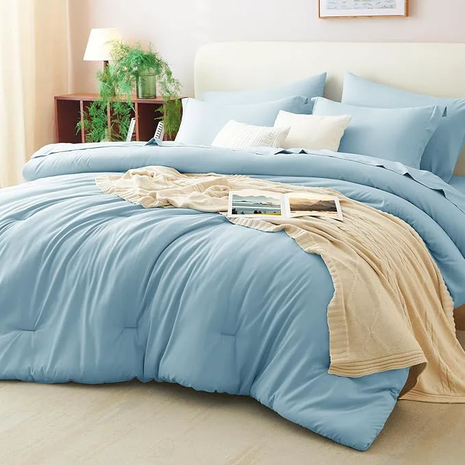 Quality CozyLux King Size Comforter Set Light Blue 7 Pieces Bed in a Bag King Effective