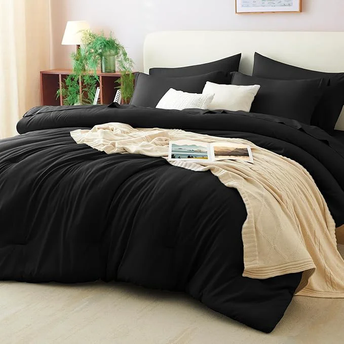 Crafted CozyLux Queen Comforter Set Black 7 Pieces Bed in a Bag Soft Bedding Comforter High-End