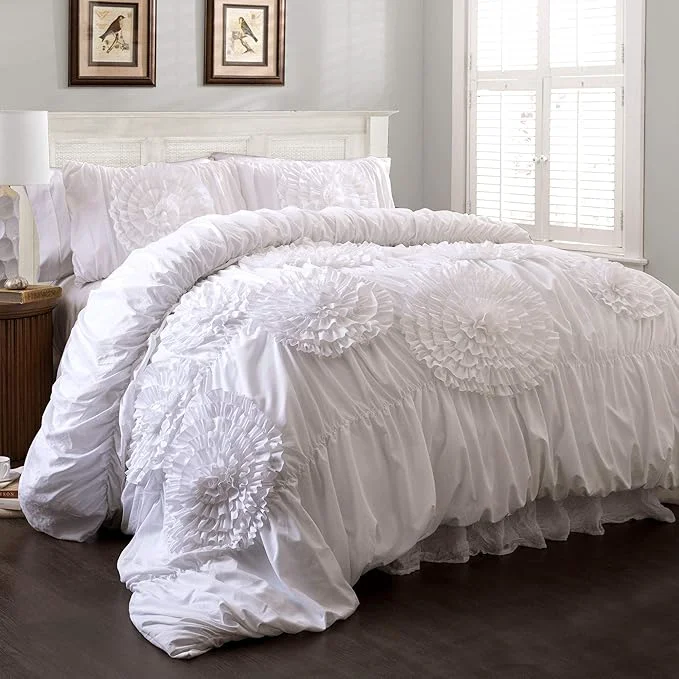 Expertly Made Lush Décor Serena 3 Piece Ruched Flower Comforter Set Official