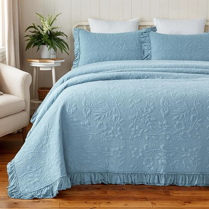 Crafted Brandream Luxury Cotton Quilt Set King Size Blue Floral Vine Matelasse Unique