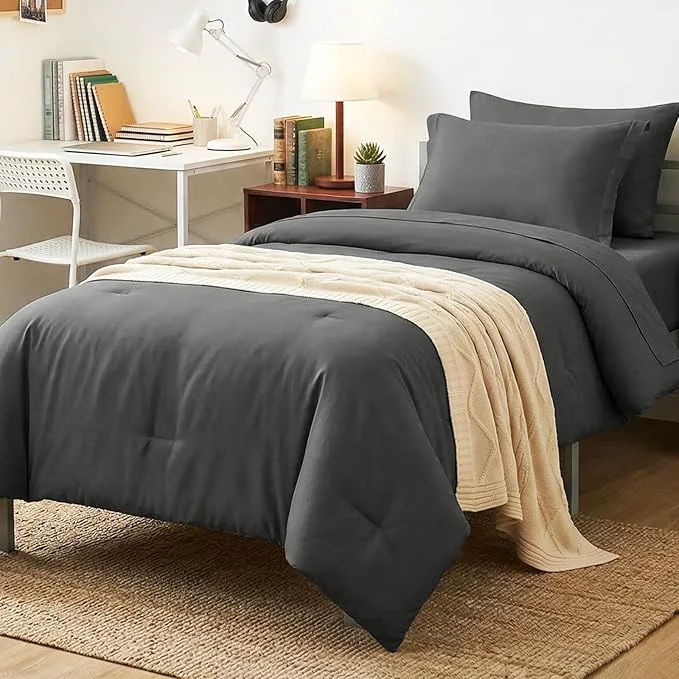 Official CozyLux Twin Comforter Set Dark Grey 5 Pieces Bed in a Bag Twin Comforter Set Advanced