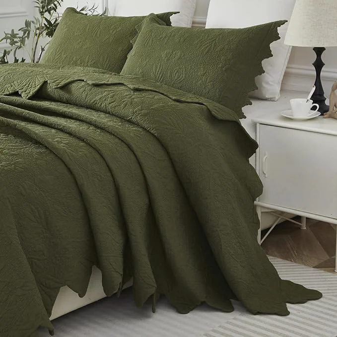 Premium Material Brandream Olive Green Floral Vine Cotton Quilt Set King Size Luxury Scalloped Superior