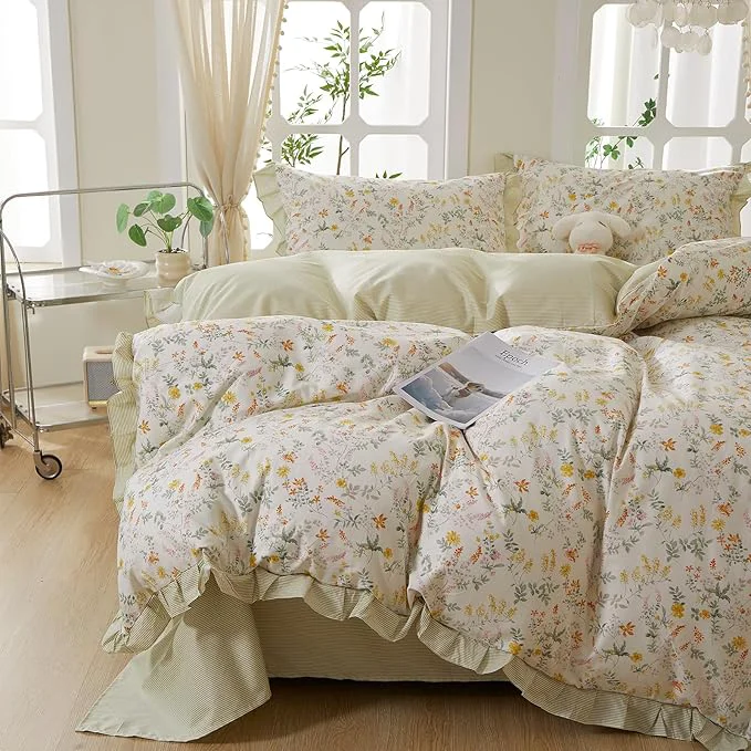 Dependable mixinni Cotton Duvet Cover Set Twin XL Reversible Spring Floral Ruffle Functional