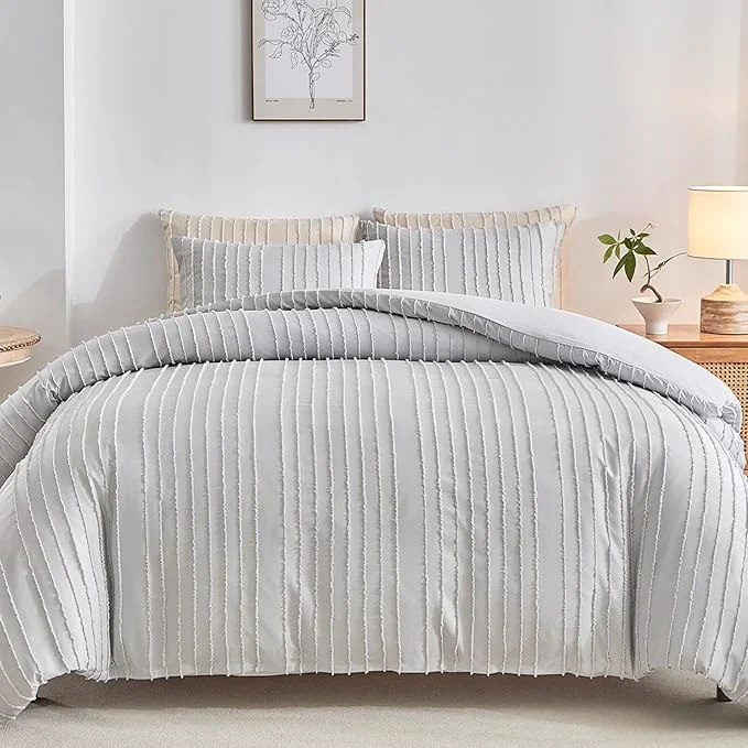 Fine Crafted WARMDERN Light Grey Striped Duvet Cover Set Boho Textured Tufted Bedding Elite