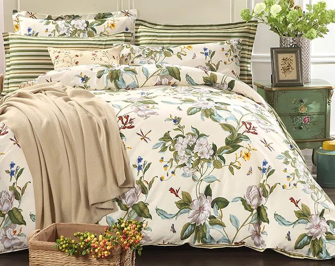 Powerful FADFAY Floral Duvet Cover Set Cotton Green and Beige Striped Shabby Flower Contemporary