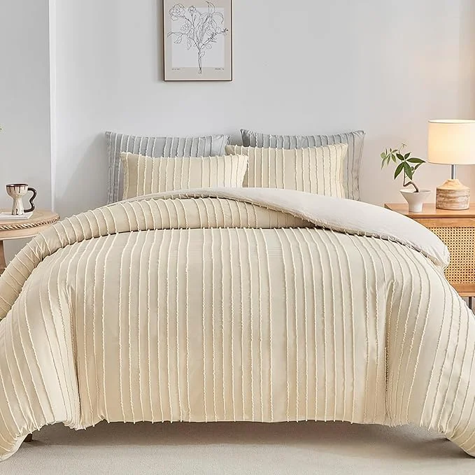 Elite WARMDERN Khaki Boho Duvet Cover Twin Size Striped Textured Duvet Cover Tufted Optimized