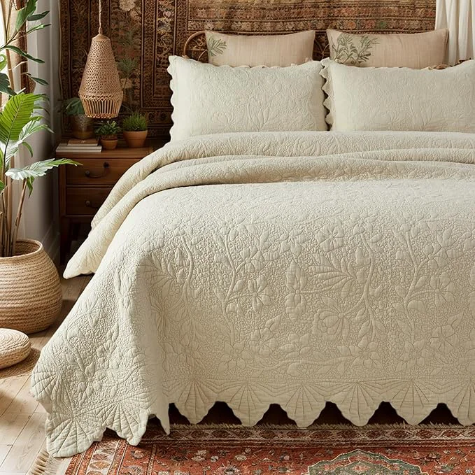 Versatile Brandream Beige Quilt Set King Size Cotton Luxury Matelasse Coverlet Set First-Class