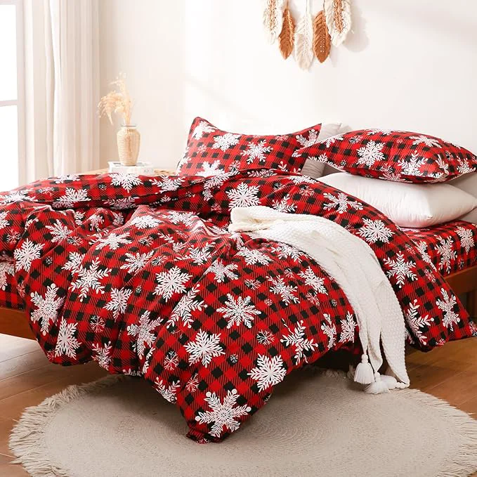 Professional JSD Red Buffalo Plaid Snowflakes Duvet Cover Set Full Size 3 Piece Christmas Versatile