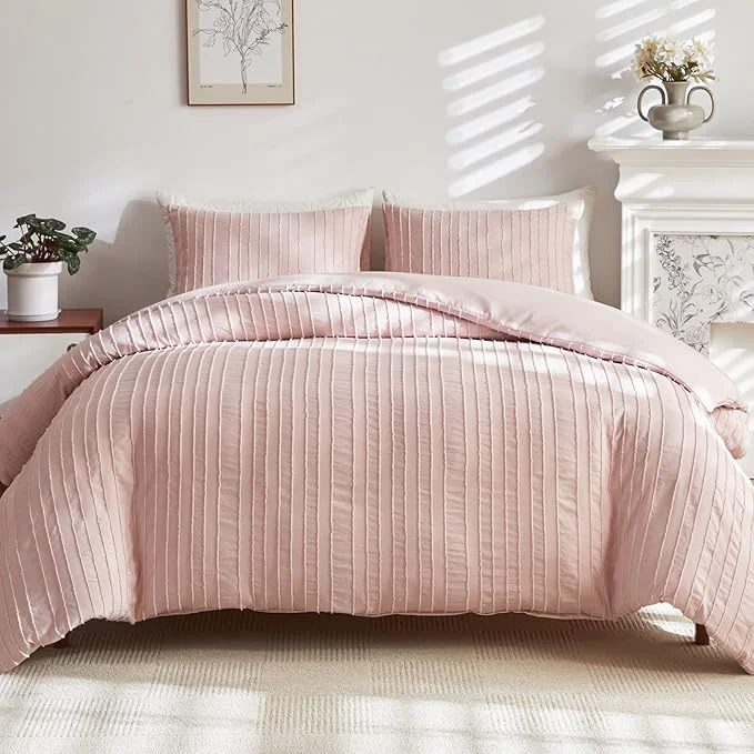 Convenient WARMDERN Pink Striped Duvet Cover Set Boho Textured Tufted Bedding 2 Piece Unique