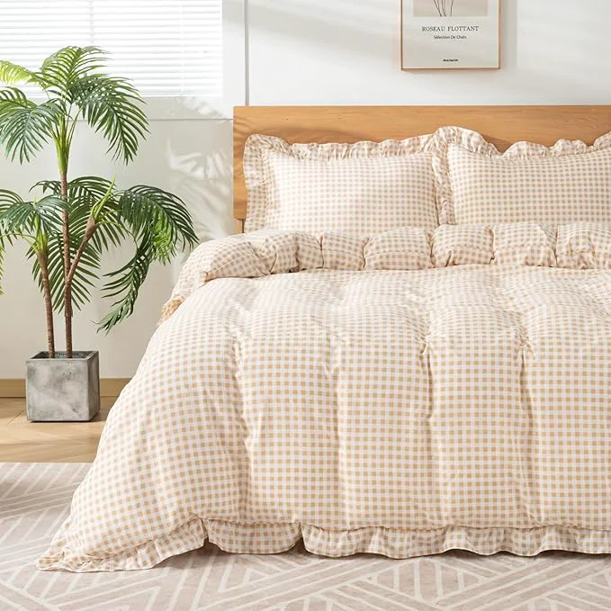 Artisan Gingham Duvet Cover Queen Size 3 Pieces Soft Breathable Microfiber Plaid Safe