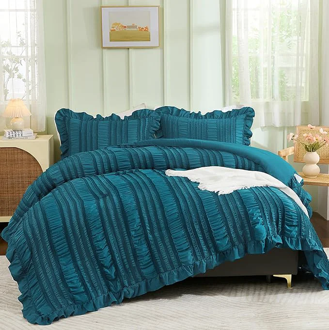 Professional WONGS BEDDING Teal Comforter Set King 3 Pieces Ruffle Farmhouse Shabby Chic Innovative