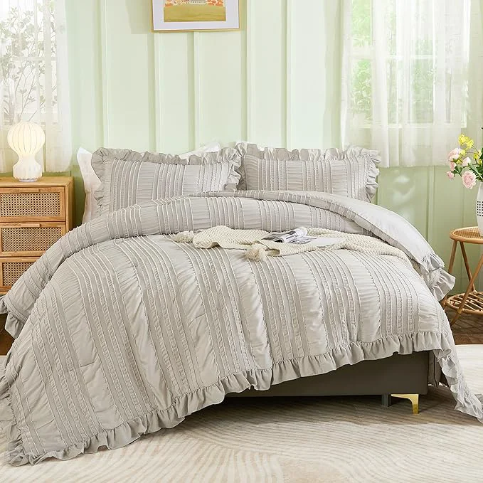 Versatile WONGS BEDDING Grey Textured Comforter Set King 3 Pieces Ruffle Farmhouse Contemporary