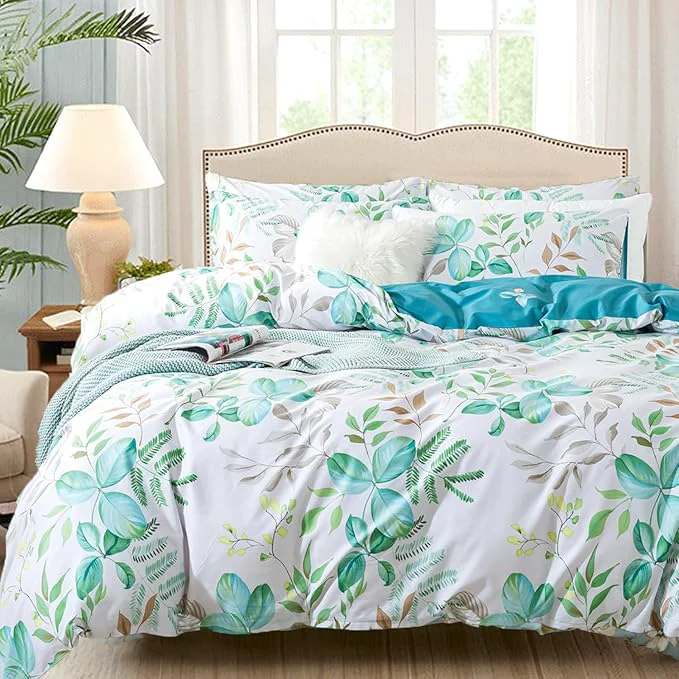 Trusted FADFAY Botanical Duvet Cover Sets Queen Size Cotton Teal Green Leaves Refined