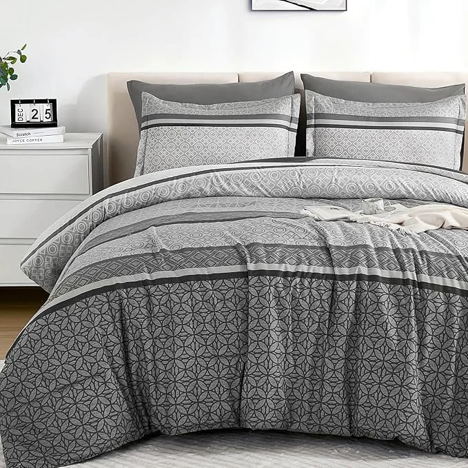 Specialty WONGS BEDDING Grey Comforter Set Queen Size 7 Pieces Striped Bed in a Bag Relaxed