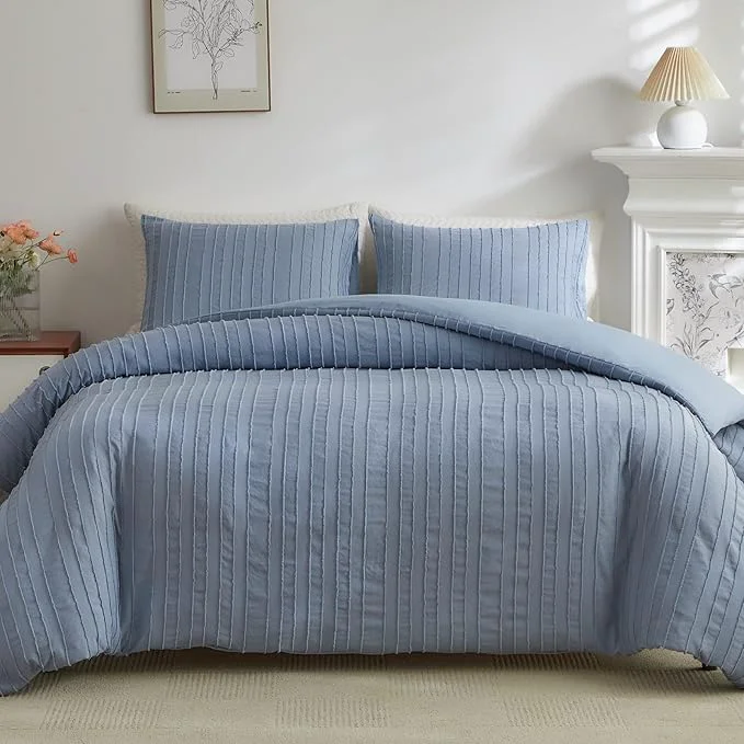 Optimized WARMDERN Blue Tufted Duvet Cover Set Queen Size Striped Textured Duvet Cover Dependable