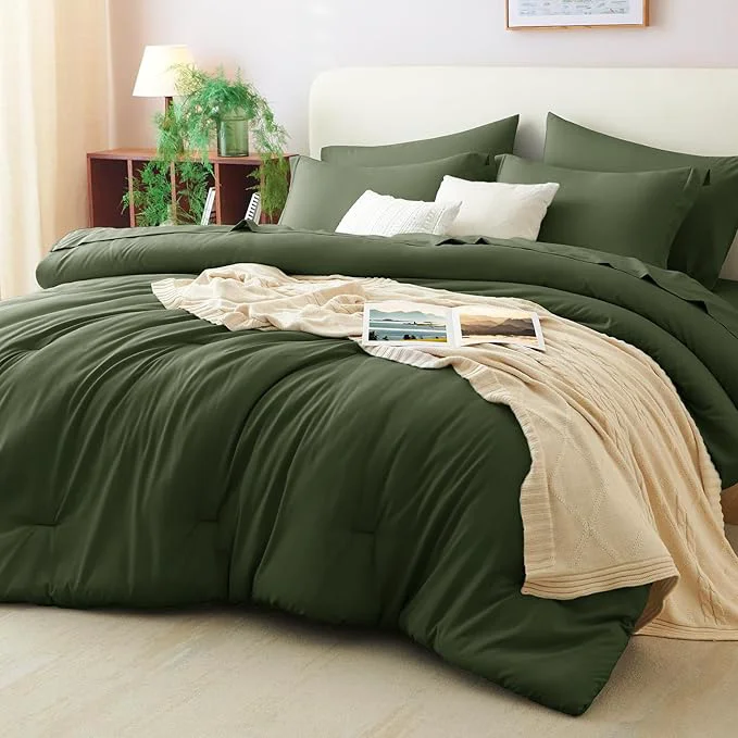 Enhanced CozyLux Full Size Comforter Sets Olive Green 7 Pieces Bed in a Bag Full Long-Lasting