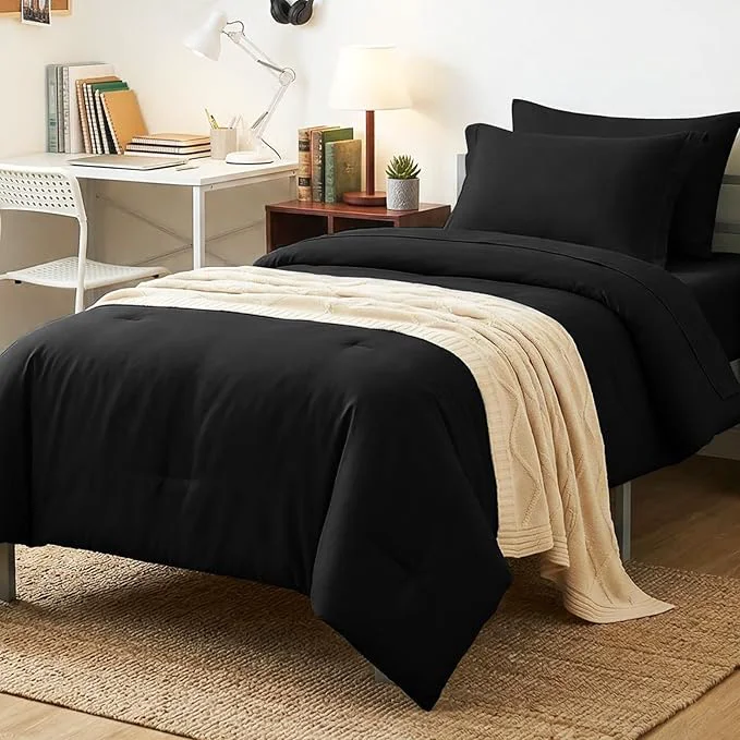 Solid CozyLux Twin XL Comforter Set Black 5 Pieces Bed in a Bag Twin Extra Long Breathable