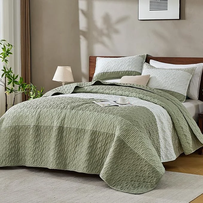 Refined Andency Queen Quilt Bedding Set Weat Green 3 Pieces Patchwork Summer Striped Recyclable