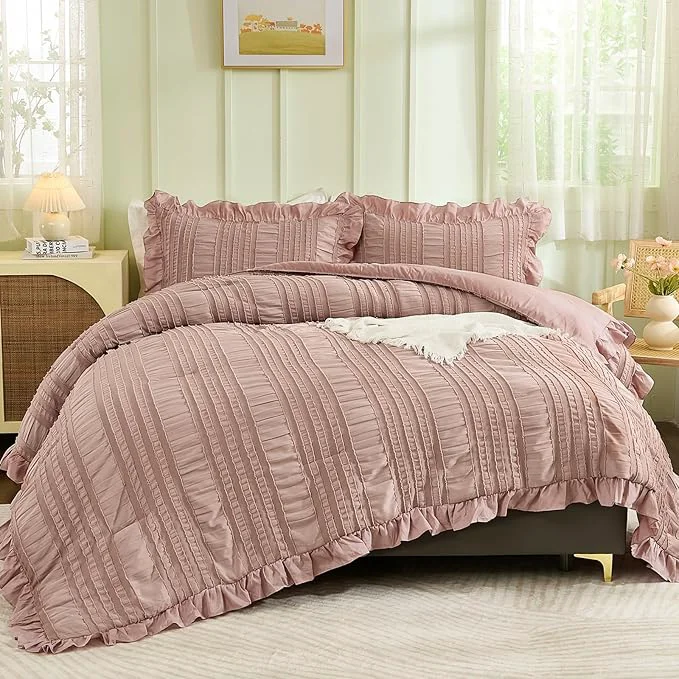 Certified WONGS BEDDING Pink Comforter Set Queen 3 Pieces Ruffle Farmhouse Shabby Chic Premium Material