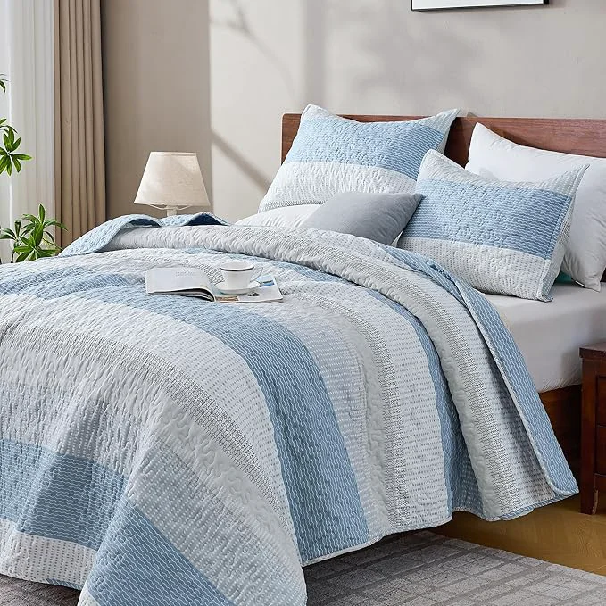Smooth Andency Queen Quilt Bedding Set Misty Blue 3 Pieces Patchwork Summer Striped Stylish
