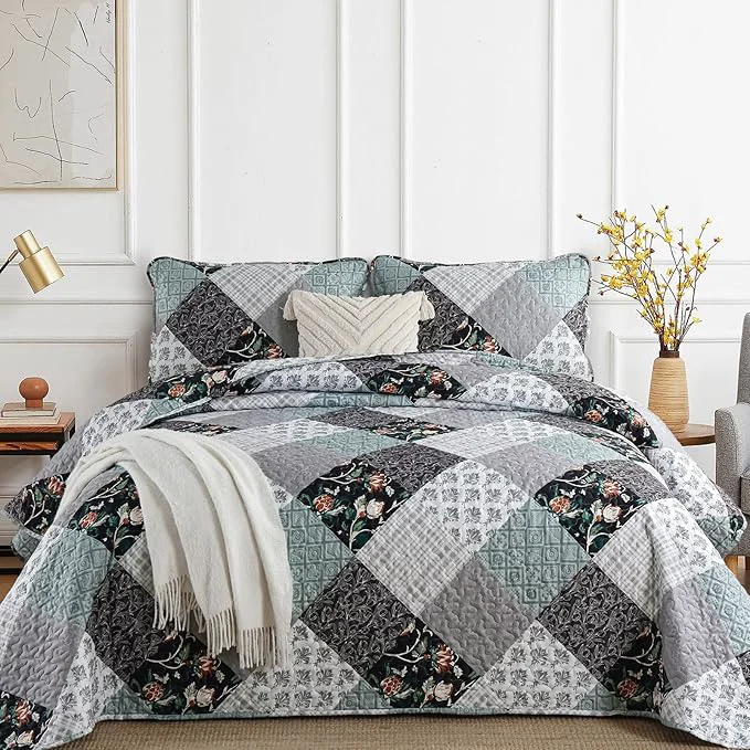 Responsible Xruibed Floral Plaid Patchwork Quilt Set Queen Size 3 Pieces Blue Gray Organic
