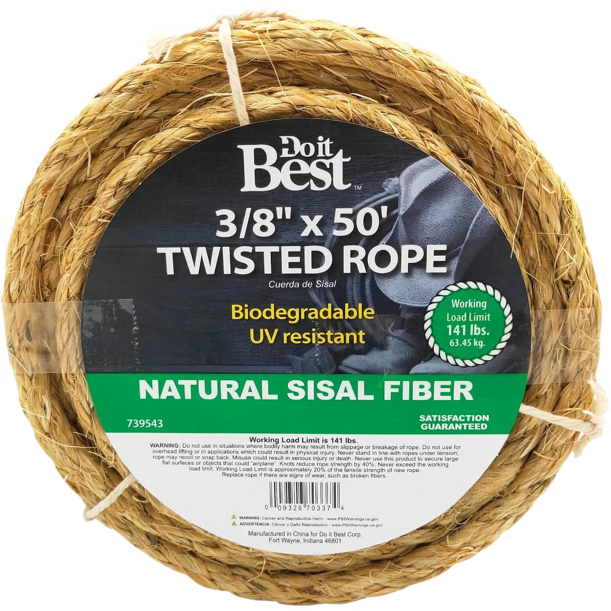 Minimalist Do it Natural Twisted Sisal Fiber Packaged Rope 3 8 In. x 50 Ft. Recyclable