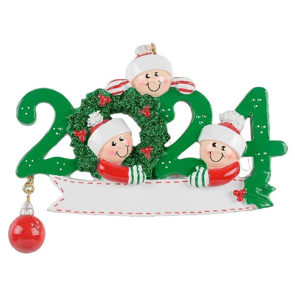 Prestigious Rudolph Me 2024 Green Red Wreath Family of 3 Personalized Ornament
