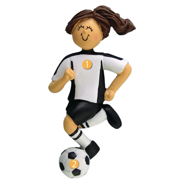 Enhanced Ornament Central Personalized Brunette Female in Black Soccer Uniform Ornament Smooth