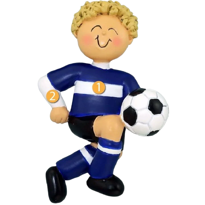 Reusable Ornament Central Personalized Blonde Male Soccer Player in Blue Uniform Ornament Relaxed