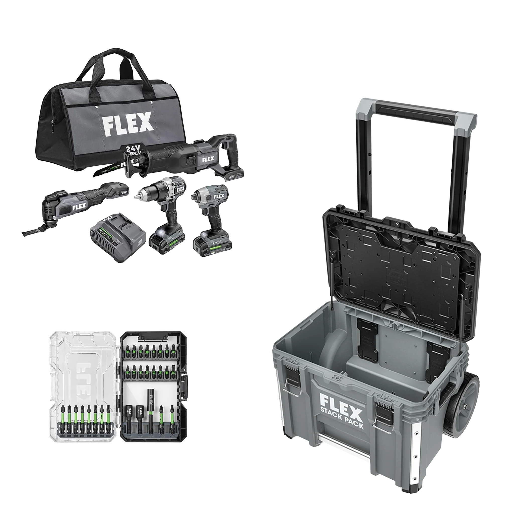 Fine FLEX 24V 4-Tool Combo Kit 29-Pc. Bit Set and Stack Pack™ Rolling Tool Box Responsible