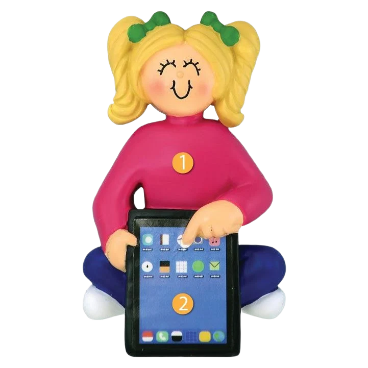 Superior Ornament Central Personalized Blonde Female Child with Tablet Ornament Breathable