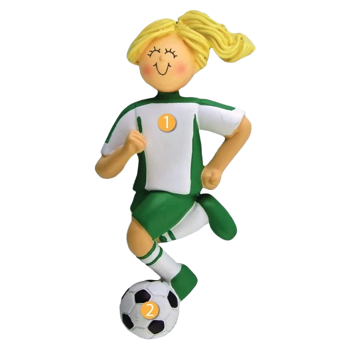 Comfortable Ornament Central Personalized Blonde Female in Green Soccer Uniform Ornament Powerful