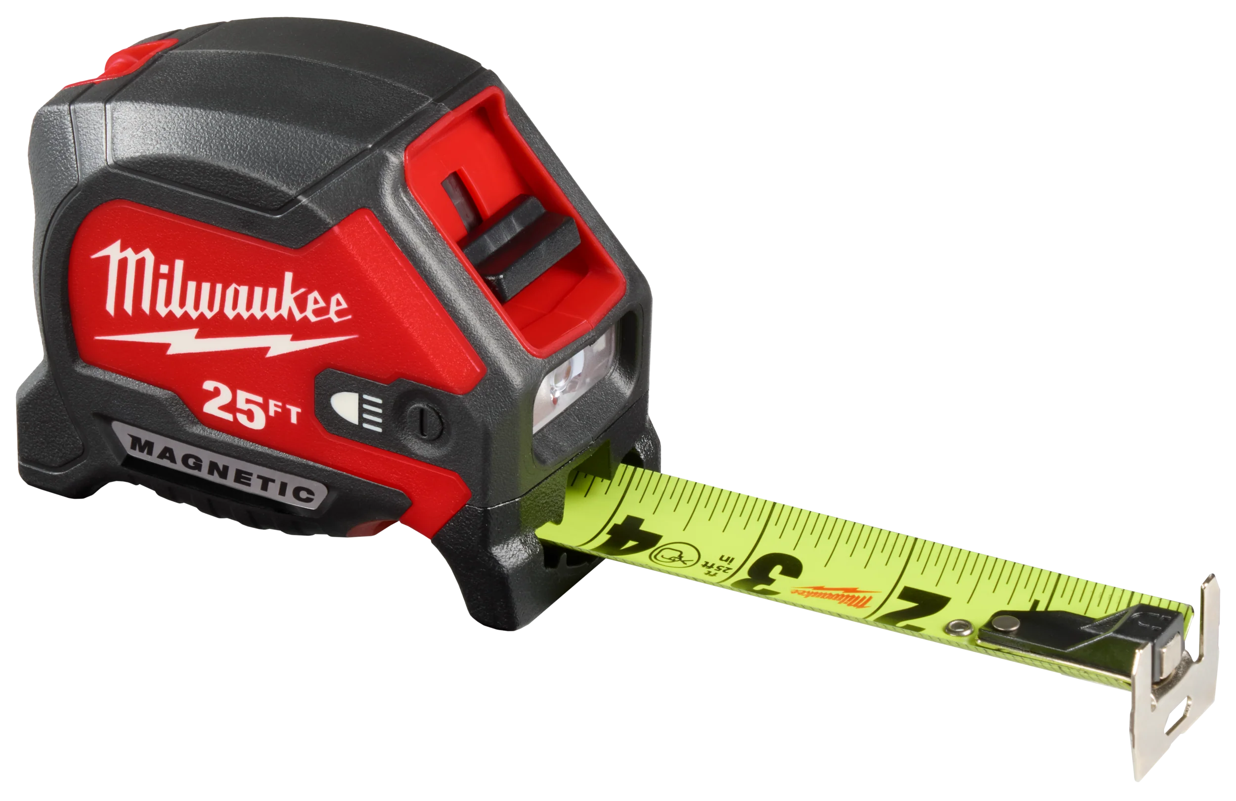 Green Milwaukee 25′ Magnetic Tape Measure w Rechargeable 100L Light Practical