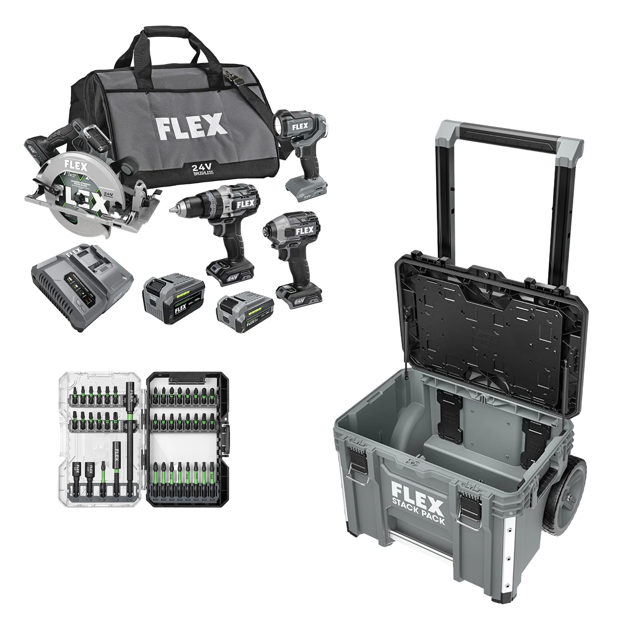 Relaxed FLEX 24V 4-Tool Combo Kit 41-Pc. Impact Driver Bit Set Stack Pack™ Rolling Tool Box Excellent